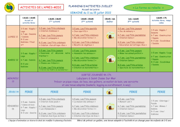 D Couvrez Les Plannings De L Accueil De Loisirs Des Vacances D T